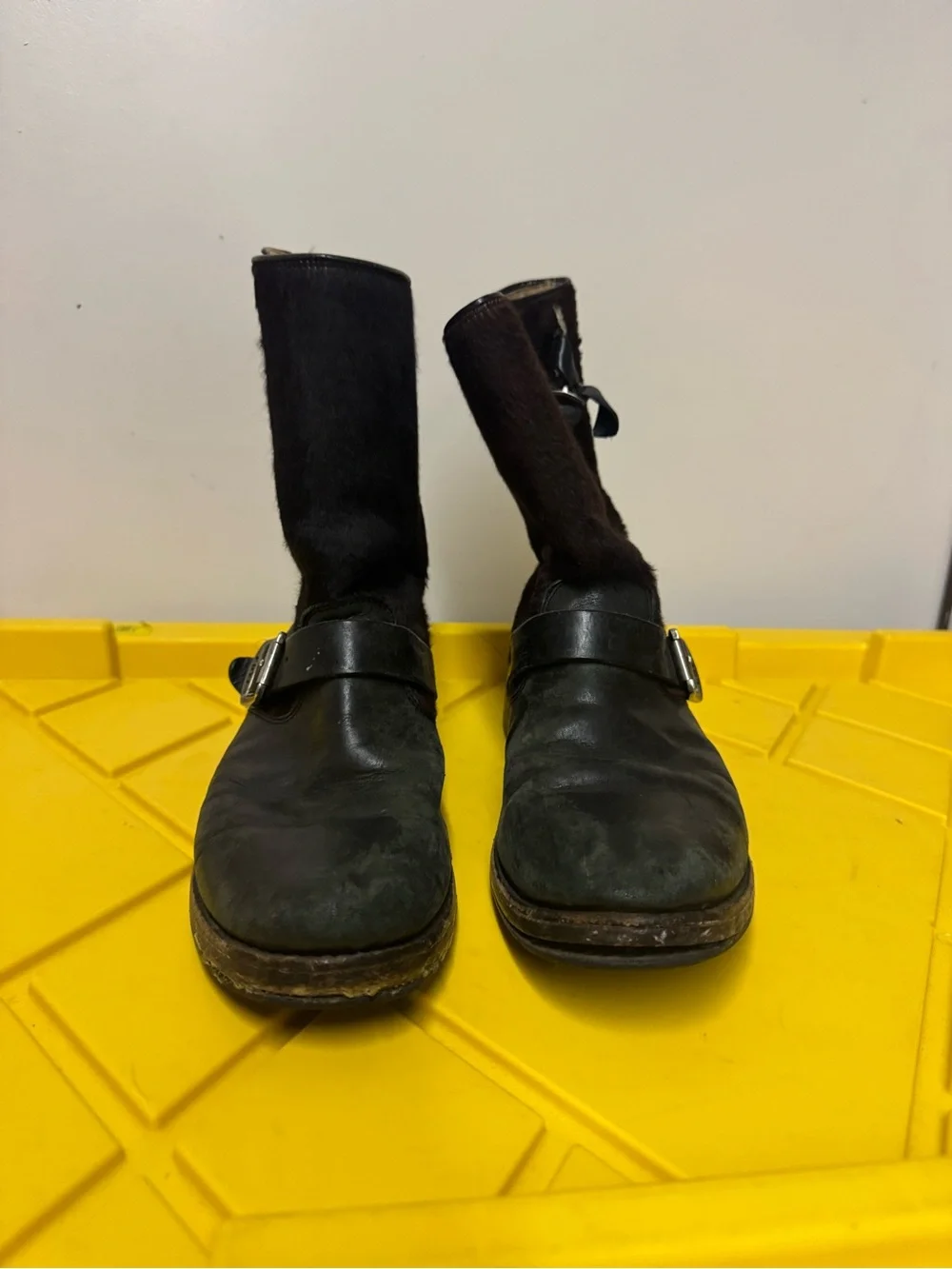 Frye Veronica Engineer Black Pony Hair Leather Moto Boots 9.5 Distressed Y2K